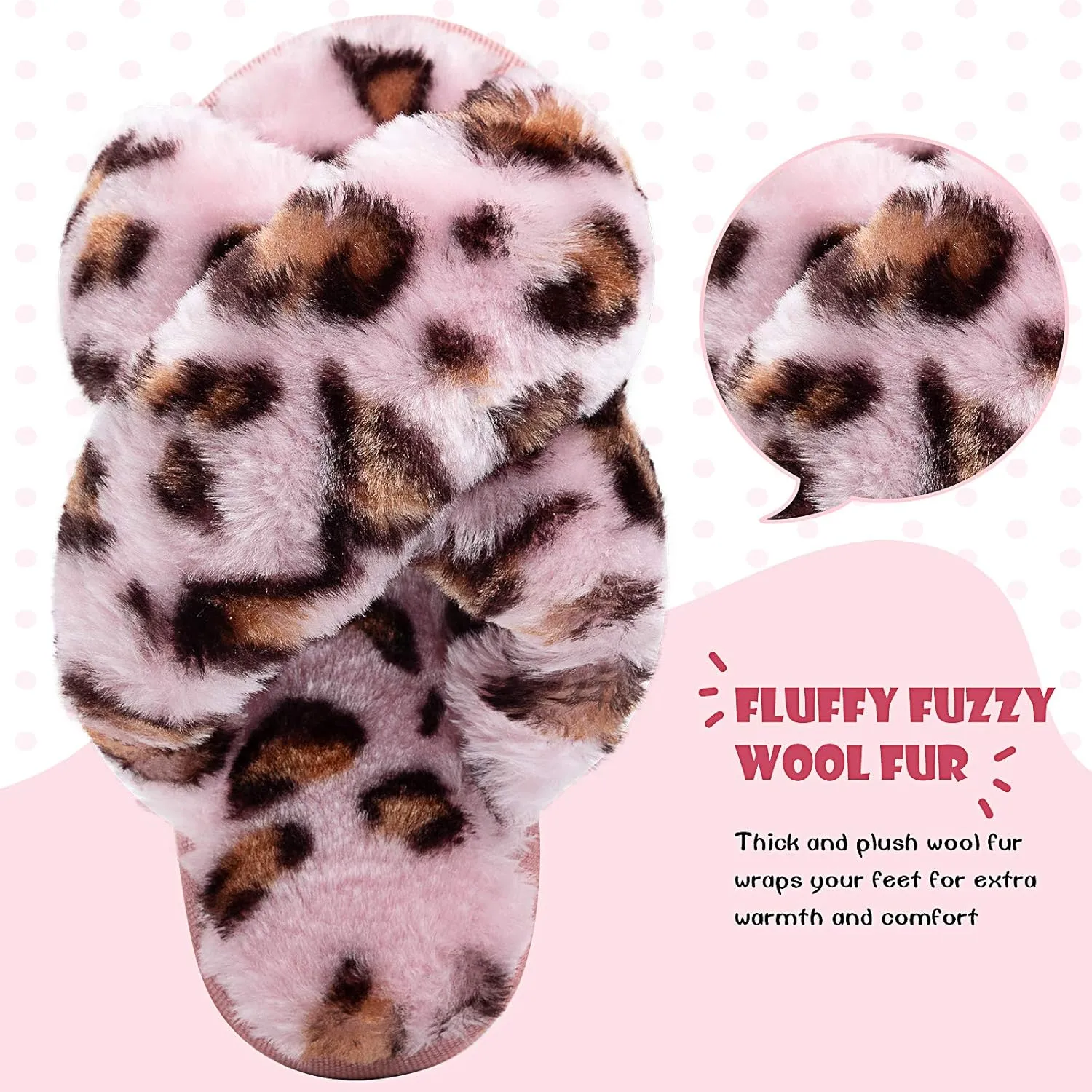 eccbox Girls Fluffy Slippers Kids Leopard Tie Dye Open Toe Memory Foam Slides Sandals Soft Plush Cross Band House Shoes Indoor Outdoor Slip On