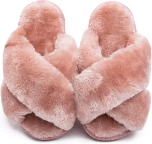 eccbox Girls Fluffy Slippers Kids Leopard Tie Dye Open Toe Memory Foam Slides Sandals Soft Plush Cross Band House Shoes Indoor Outdoor Slip On