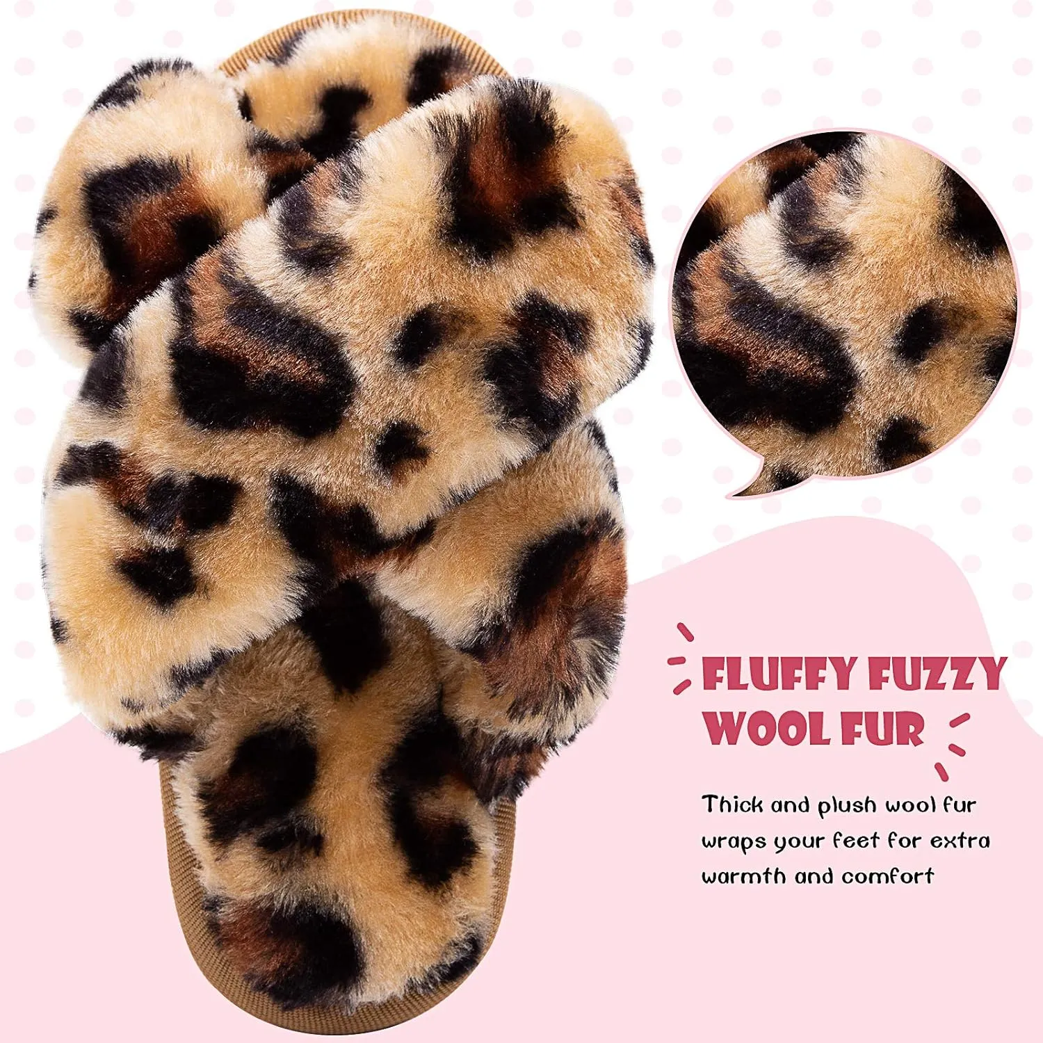 eccbox Girls Fluffy Slippers Kids Leopard Tie Dye Open Toe Memory Foam Slides Sandals Soft Plush Cross Band House Shoes Indoor Outdoor Slip On