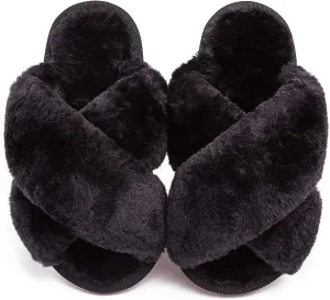 eccbox Girls Fluffy Slippers Kids Leopard Tie Dye Open Toe Memory Foam Slides Sandals Soft Plush Cross Band House Shoes Indoor Outdoor Slip On