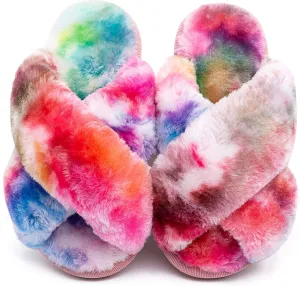eccbox Girls Fluffy Slippers Kids Leopard Tie Dye Open Toe Memory Foam Slides Sandals Soft Plush Cross Band House Shoes Indoor Outdoor Slip On