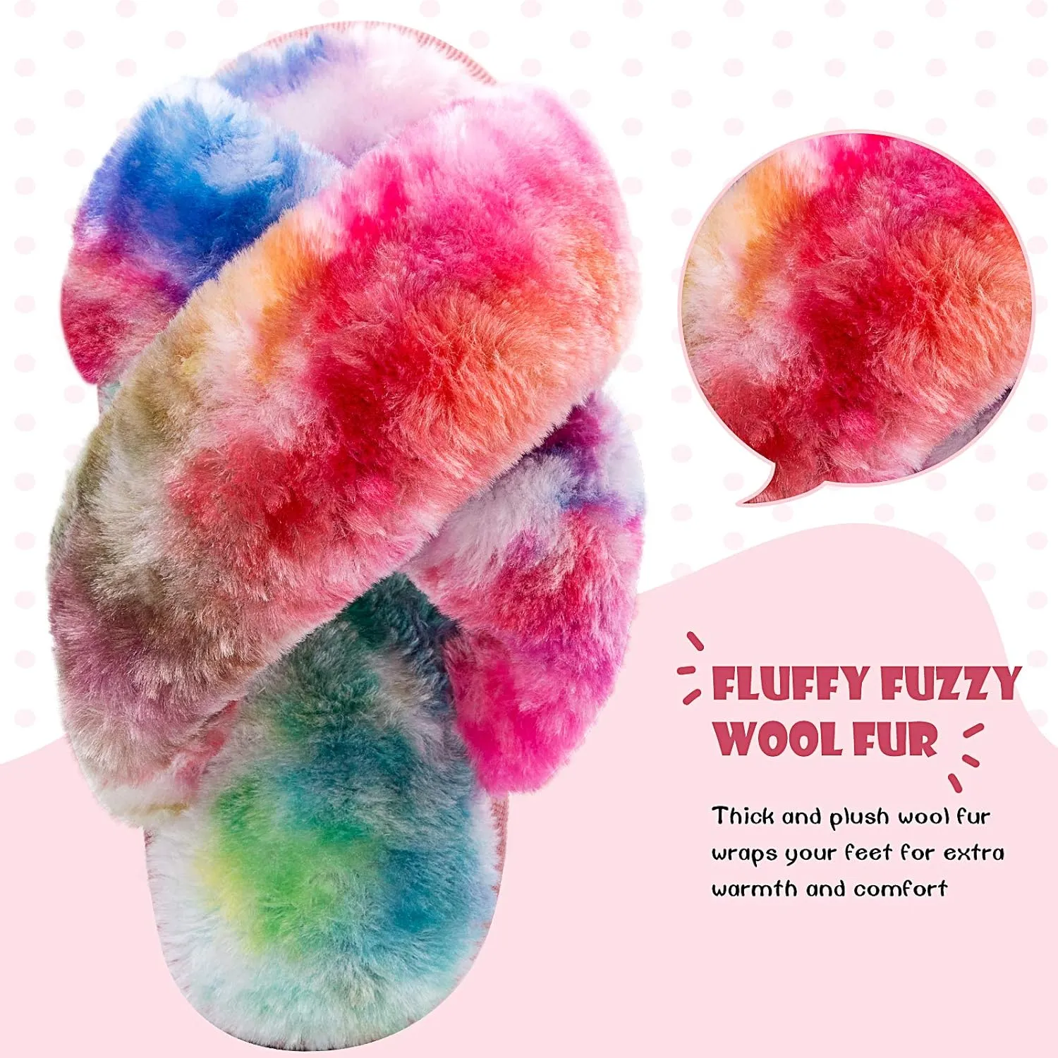 eccbox Girls Fluffy Slippers Kids Leopard Tie Dye Open Toe Memory Foam Slides Sandals Soft Plush Cross Band House Shoes Indoor Outdoor Slip On