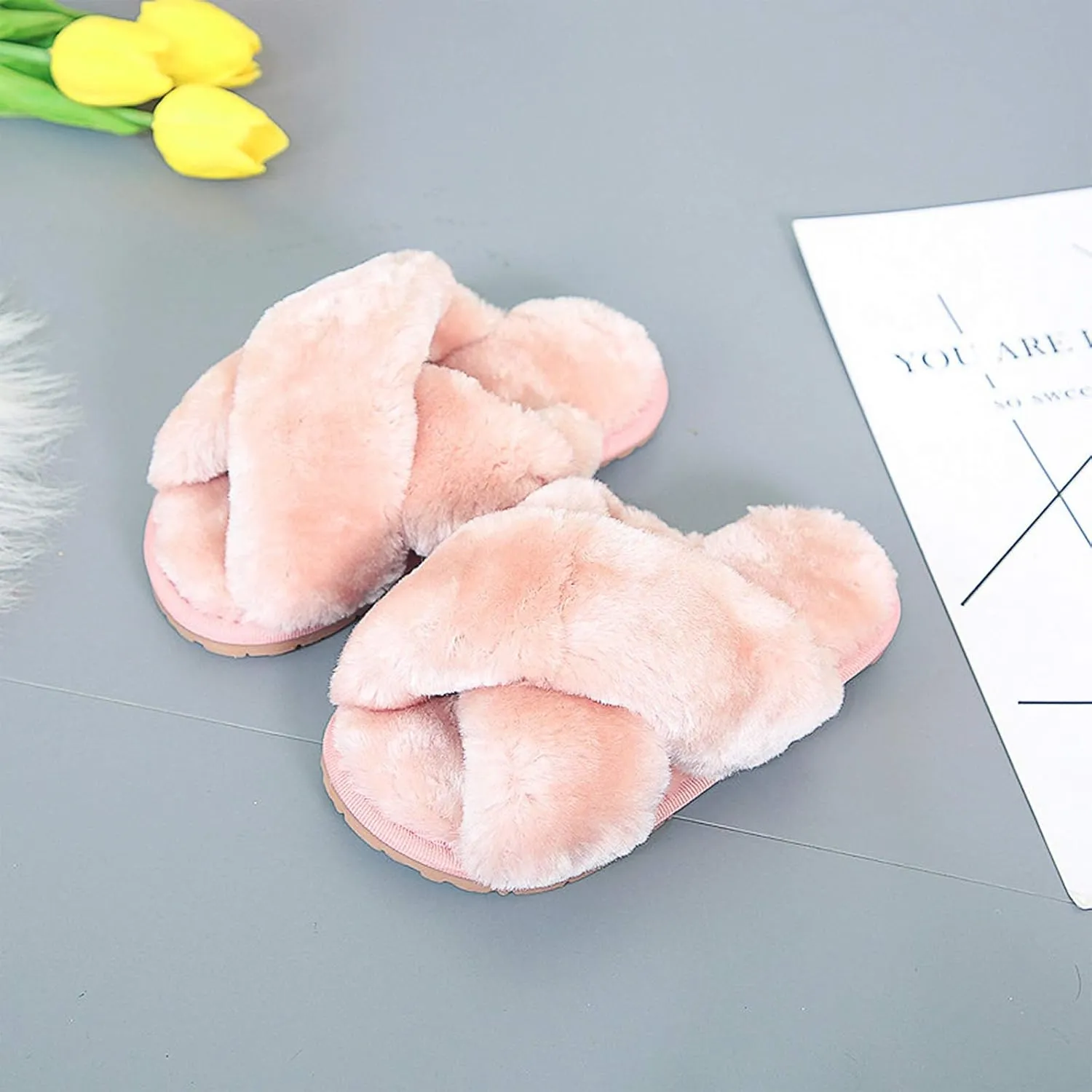 eccbox Girls Fluffy Slippers Kids Leopard Tie Dye Open Toe Memory Foam Slides Sandals Soft Plush Cross Band House Shoes Indoor Outdoor Slip On