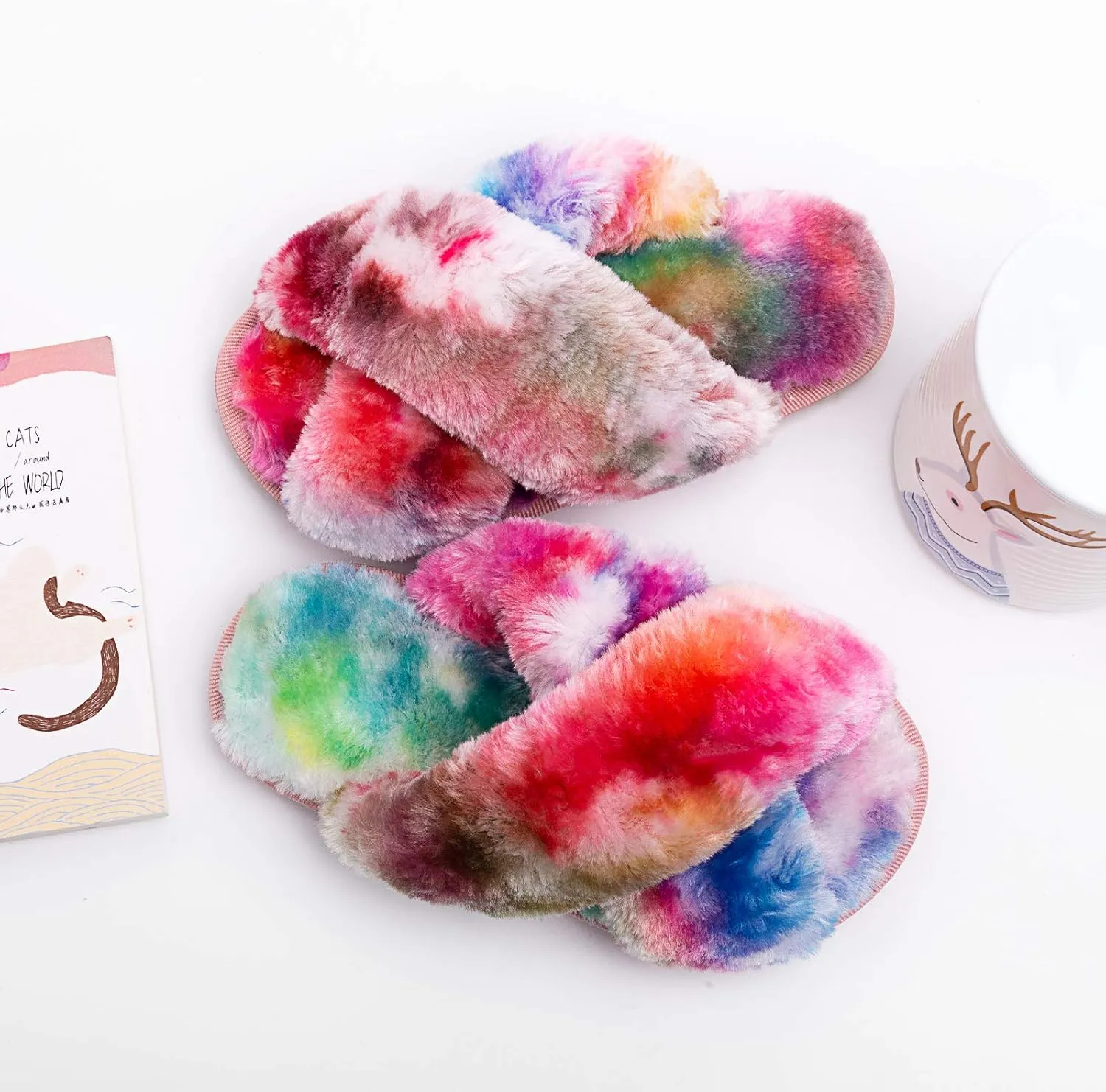 eccbox Girls Fluffy Slippers Kids Leopard Tie Dye Open Toe Memory Foam Slides Sandals Soft Plush Cross Band House Shoes Indoor Outdoor Slip On