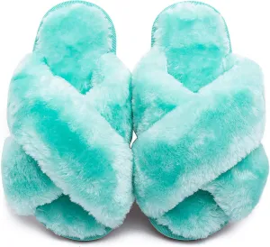eccbox Girls Fluffy Slippers Kids Leopard Tie Dye Open Toe Memory Foam Slides Sandals Soft Plush Cross Band House Shoes Indoor Outdoor Slip On