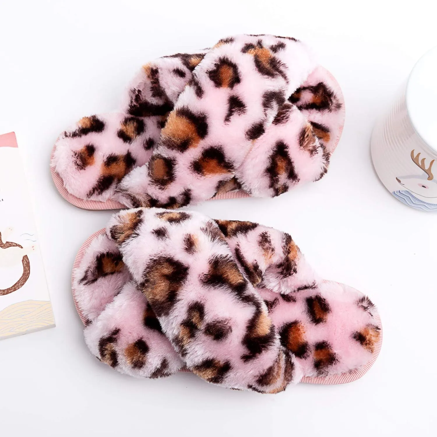 eccbox Girls Fluffy Slippers Kids Leopard Tie Dye Open Toe Memory Foam Slides Sandals Soft Plush Cross Band House Shoes Indoor Outdoor Slip On