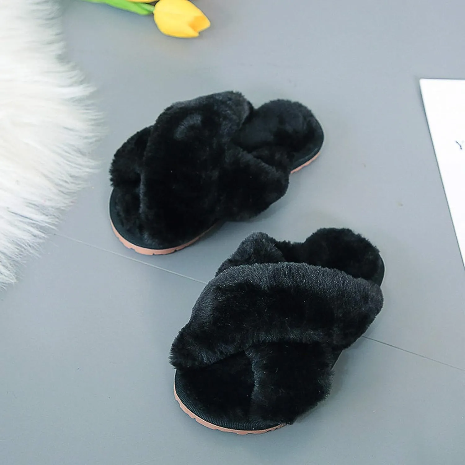 eccbox Girls Fluffy Slippers Kids Leopard Tie Dye Open Toe Memory Foam Slides Sandals Soft Plush Cross Band House Shoes Indoor Outdoor Slip On