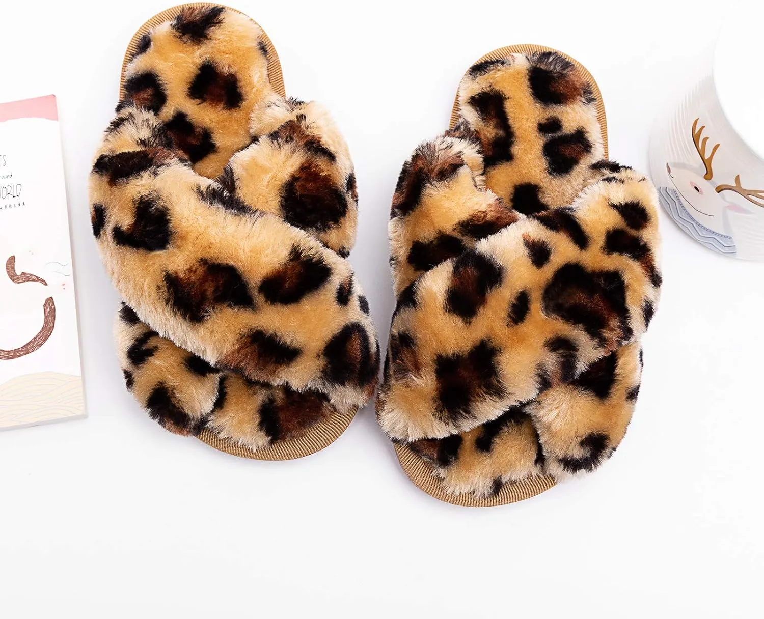 eccbox Girls Fluffy Slippers Kids Leopard Tie Dye Open Toe Memory Foam Slides Sandals Soft Plush Cross Band House Shoes Indoor Outdoor Slip On