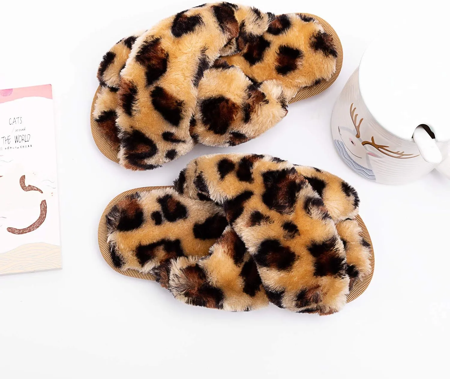 eccbox Girls Fluffy Slippers Kids Leopard Tie Dye Open Toe Memory Foam Slides Sandals Soft Plush Cross Band House Shoes Indoor Outdoor Slip On