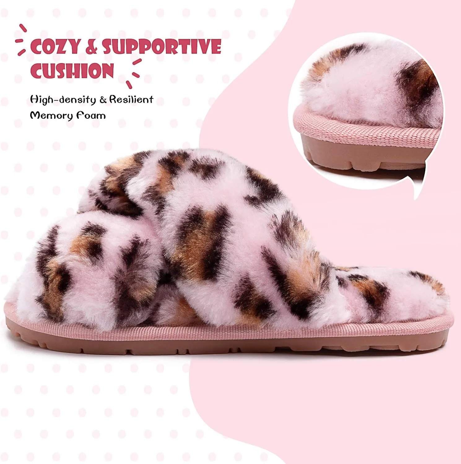 eccbox Girls Fluffy Slippers Kids Leopard Tie Dye Open Toe Memory Foam Slides Sandals Soft Plush Cross Band House Shoes Indoor Outdoor Slip On