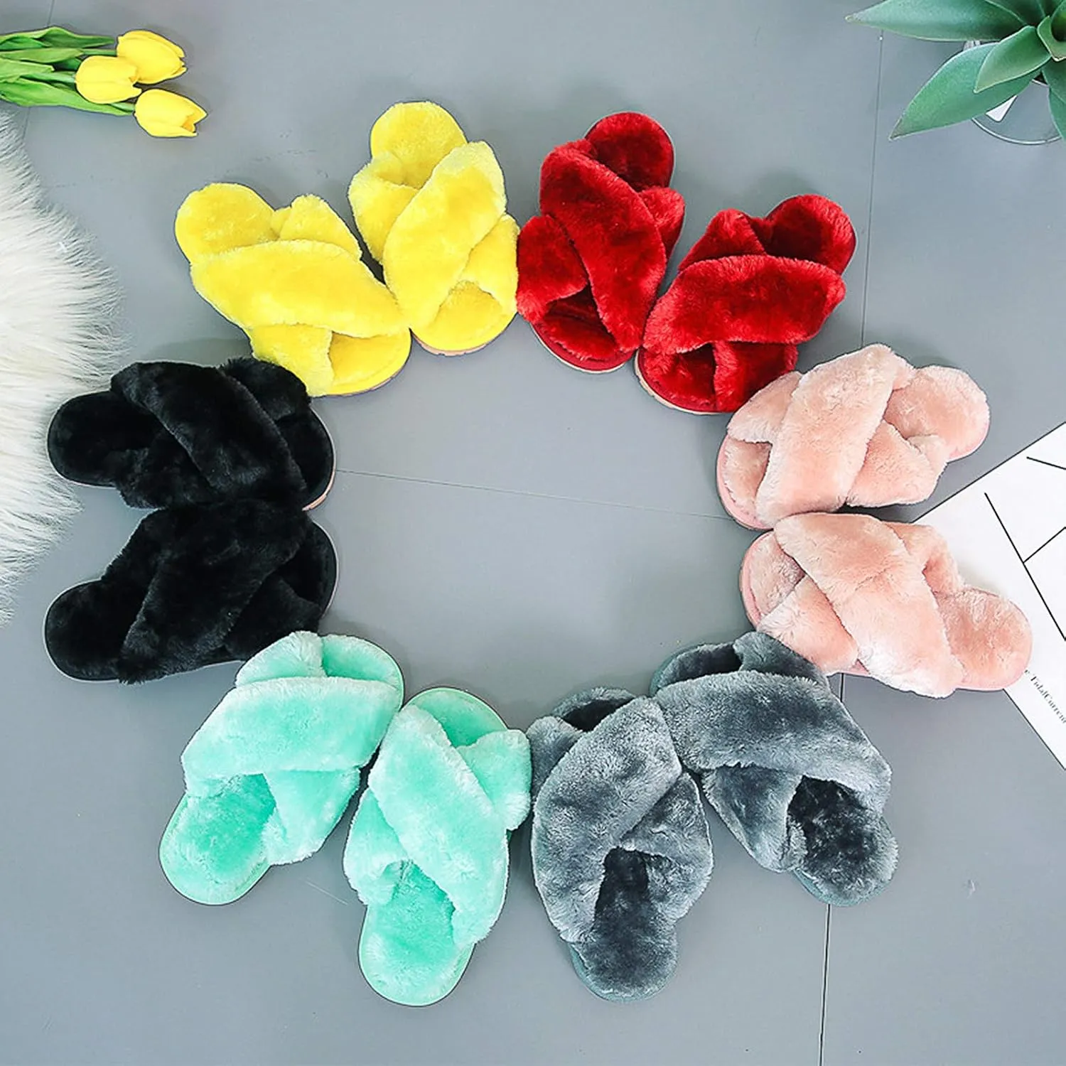 eccbox Girls Fluffy Slippers Kids Leopard Tie Dye Open Toe Memory Foam Slides Sandals Soft Plush Cross Band House Shoes Indoor Outdoor Slip On