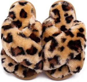 eccbox Girls Fluffy Slippers Kids Leopard Tie Dye Open Toe Memory Foam Slides Sandals Soft Plush Cross Band House Shoes Indoor Outdoor Slip On