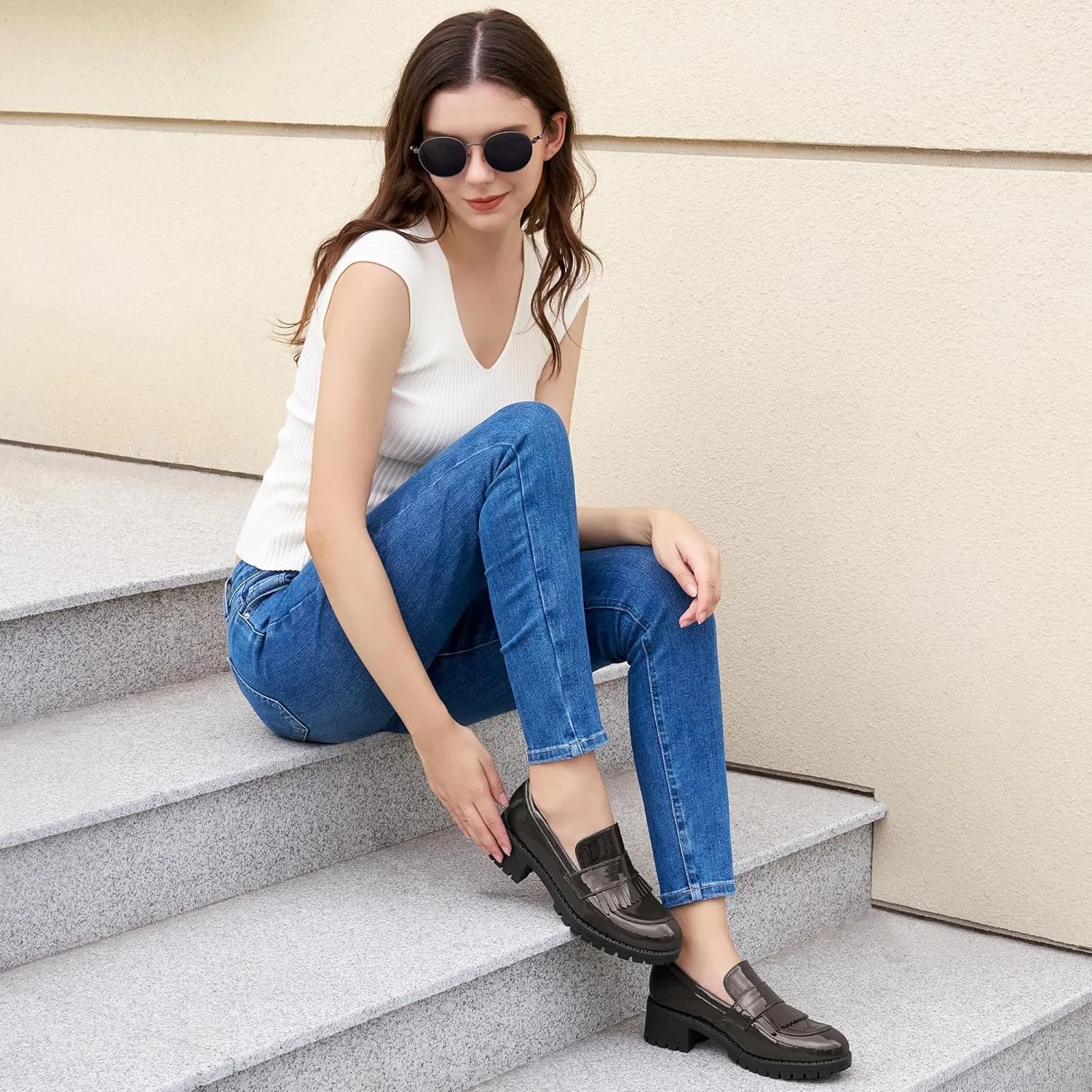 Ecetana Womens Loafers Platform Chunky Penny Lug Sole Comfort Slip on Casual Fashion Business Work Shoes