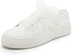 Elivandon 9996 Wedding Shoes Lace Bridal Sneakers 1.46" Platform Bride Tennis Shoes Sparkling Rhinestone Wedding Sneakers