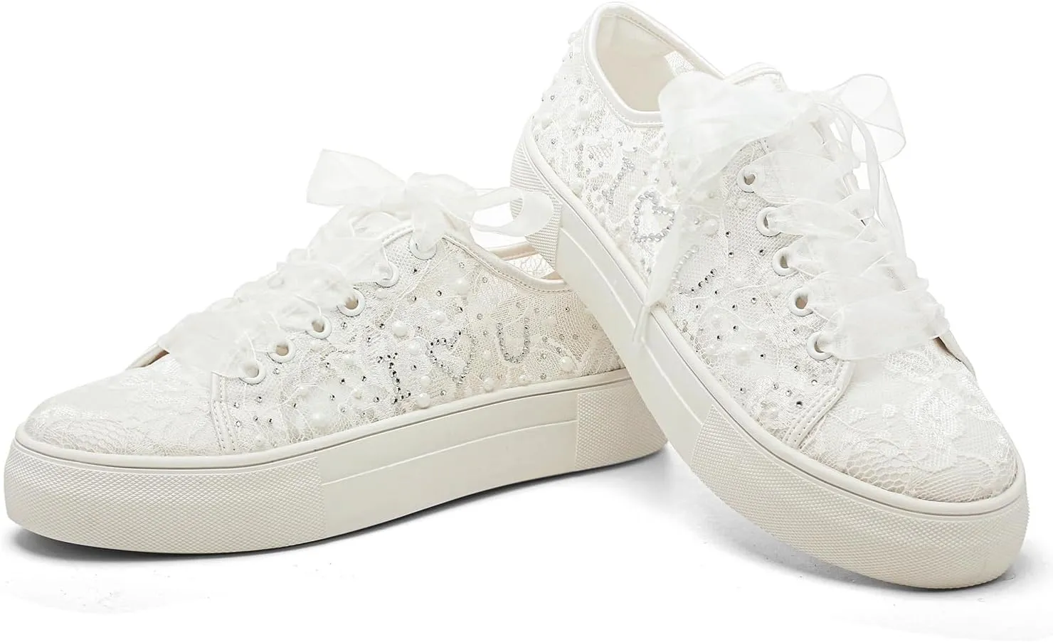 Elivandon 9996 Wedding Shoes Lace Bridal Sneakers 1.46" Platform Bride Tennis Shoes Sparkling Rhinestone Wedding Sneakers