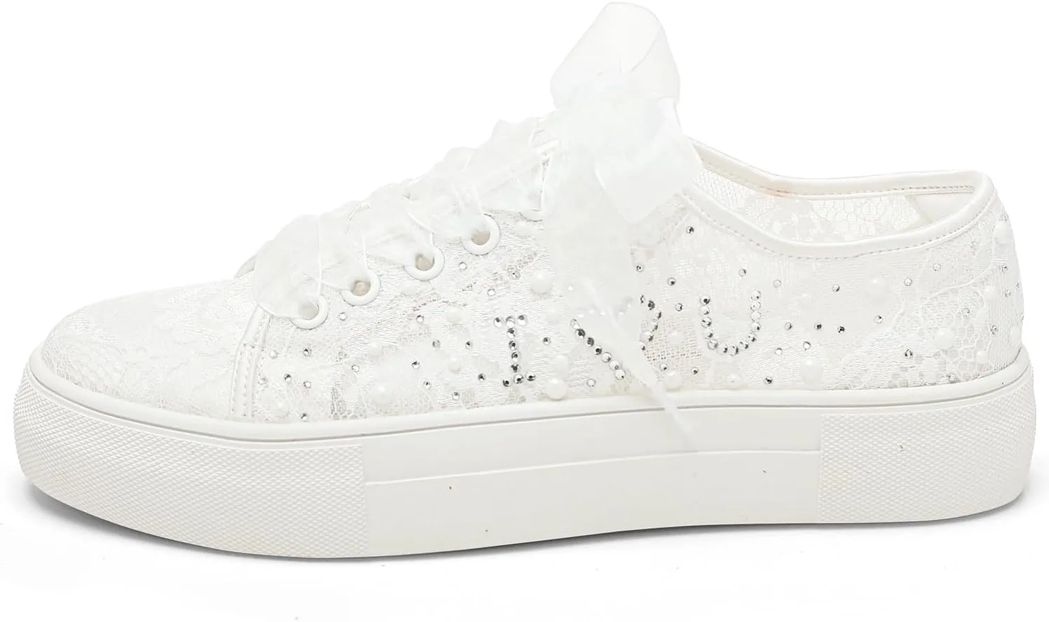 Elivandon 9996 Wedding Shoes Lace Bridal Sneakers 1.46" Platform Bride Tennis Shoes Sparkling Rhinestone Wedding Sneakers