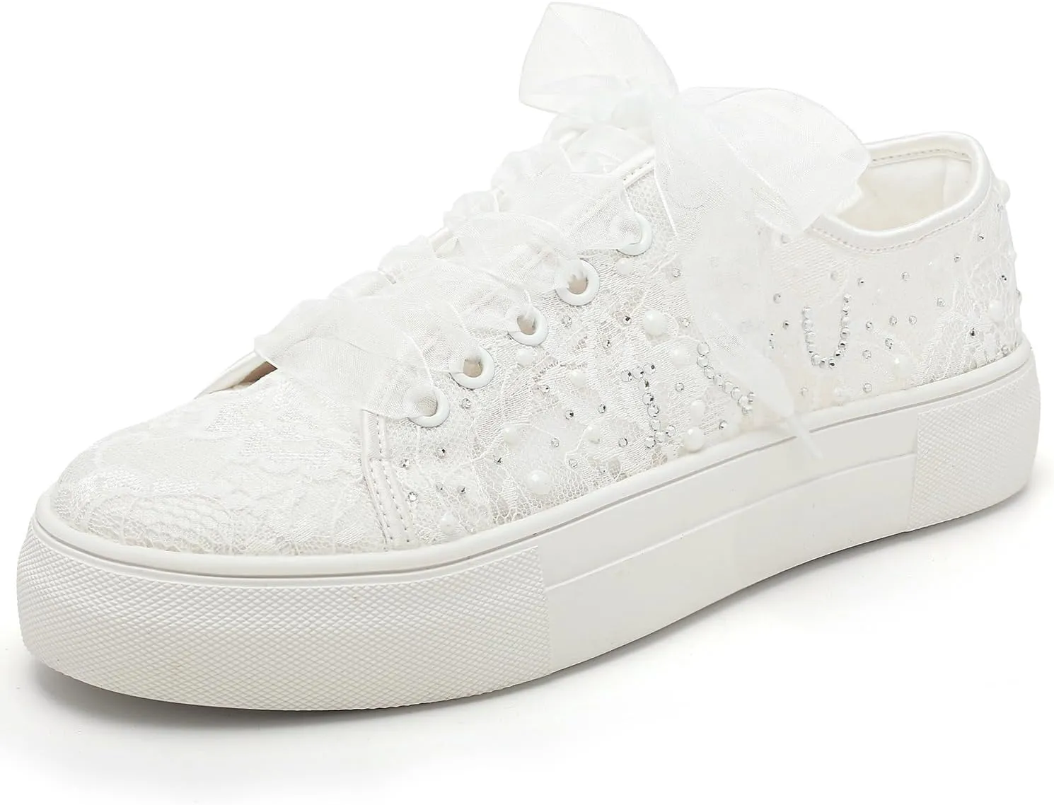 Elivandon 9996 Wedding Shoes Lace Bridal Sneakers 1.46" Platform Bride Tennis Shoes Sparkling Rhinestone Wedding Sneakers