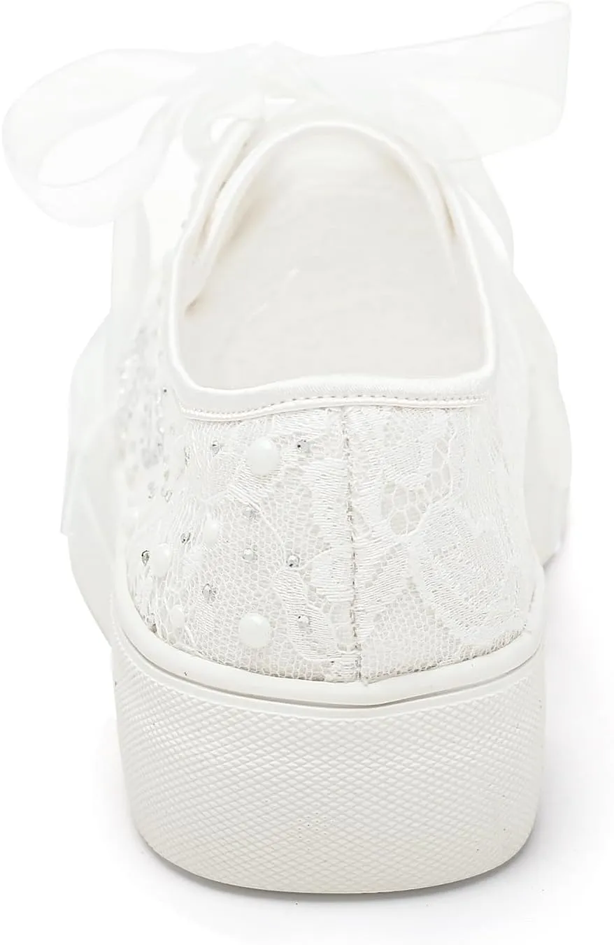 Elivandon 9996 Wedding Shoes Lace Bridal Sneakers 1.46" Platform Bride Tennis Shoes Sparkling Rhinestone Wedding Sneakers