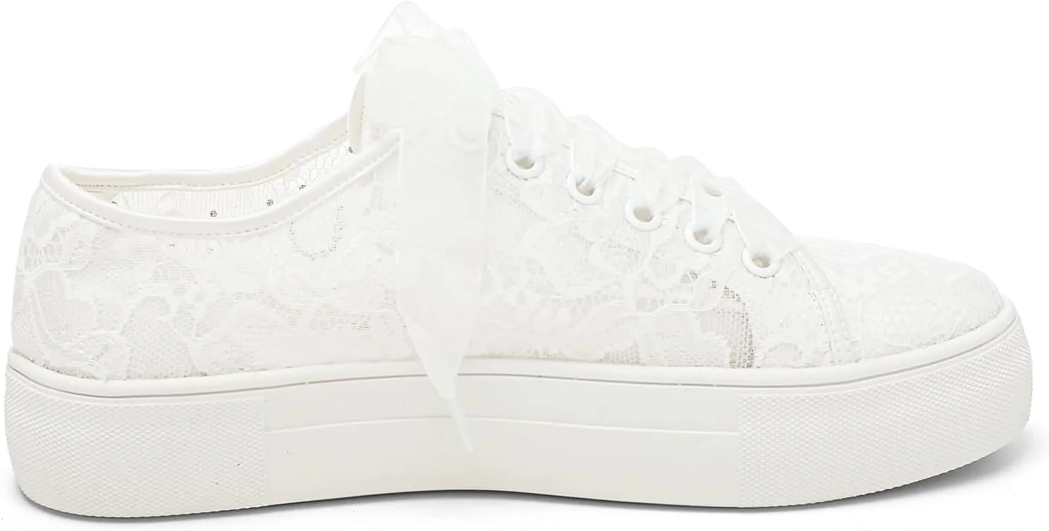 Elivandon 9996 Wedding Shoes Lace Bridal Sneakers 1.46" Platform Bride Tennis Shoes Sparkling Rhinestone Wedding Sneakers
