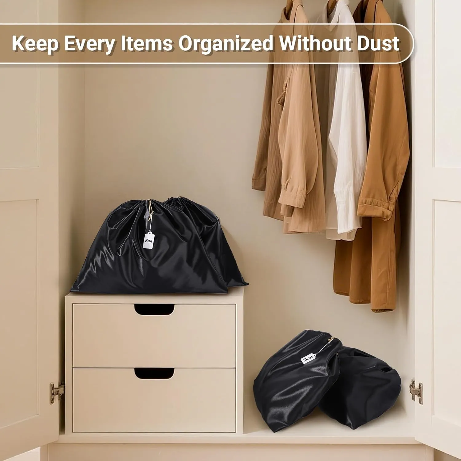 Ewen 19.6x15.7in Dust Bags for Handbags, 7 Pack of Black Dustproof Silk Bags with Drawstring for Travel, Purse Wallet Bags for Storage, Satin Covers for Shoes and Boots, Pouches Organizer for Closet