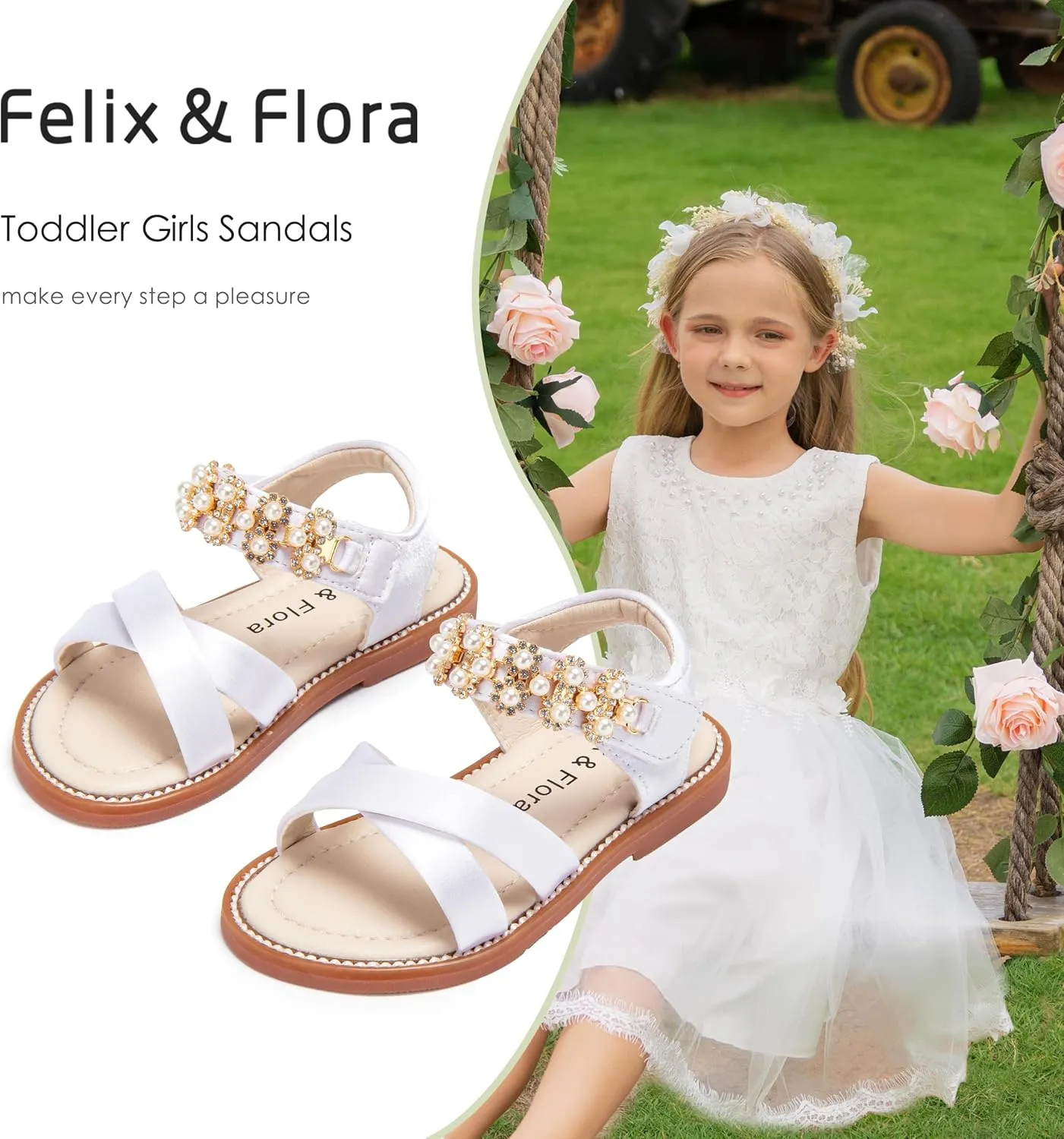 Felix & Flora Toddler Girls Sandals Soft Rubber Flats Summer Baby Flower Girl Shoes.
