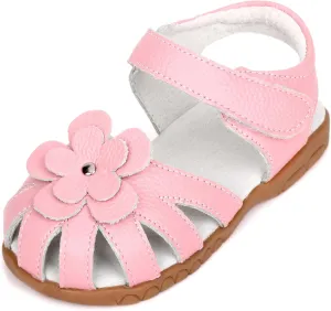 Femizee Girls Genuine Leather Soft Closed Toe Princess Flat Shoes Summer Sandals(Toddler/Little Kid)
