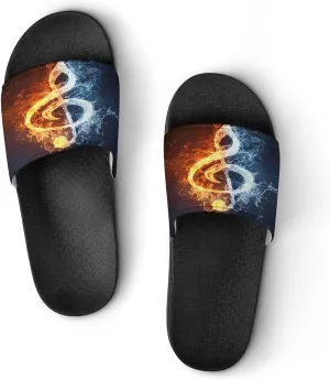 Fire Water Music Note Home Slipper PVC Shower Slipper Non-Slip Open Toe Slipper Soft Sole Pool Sandals for Men Women