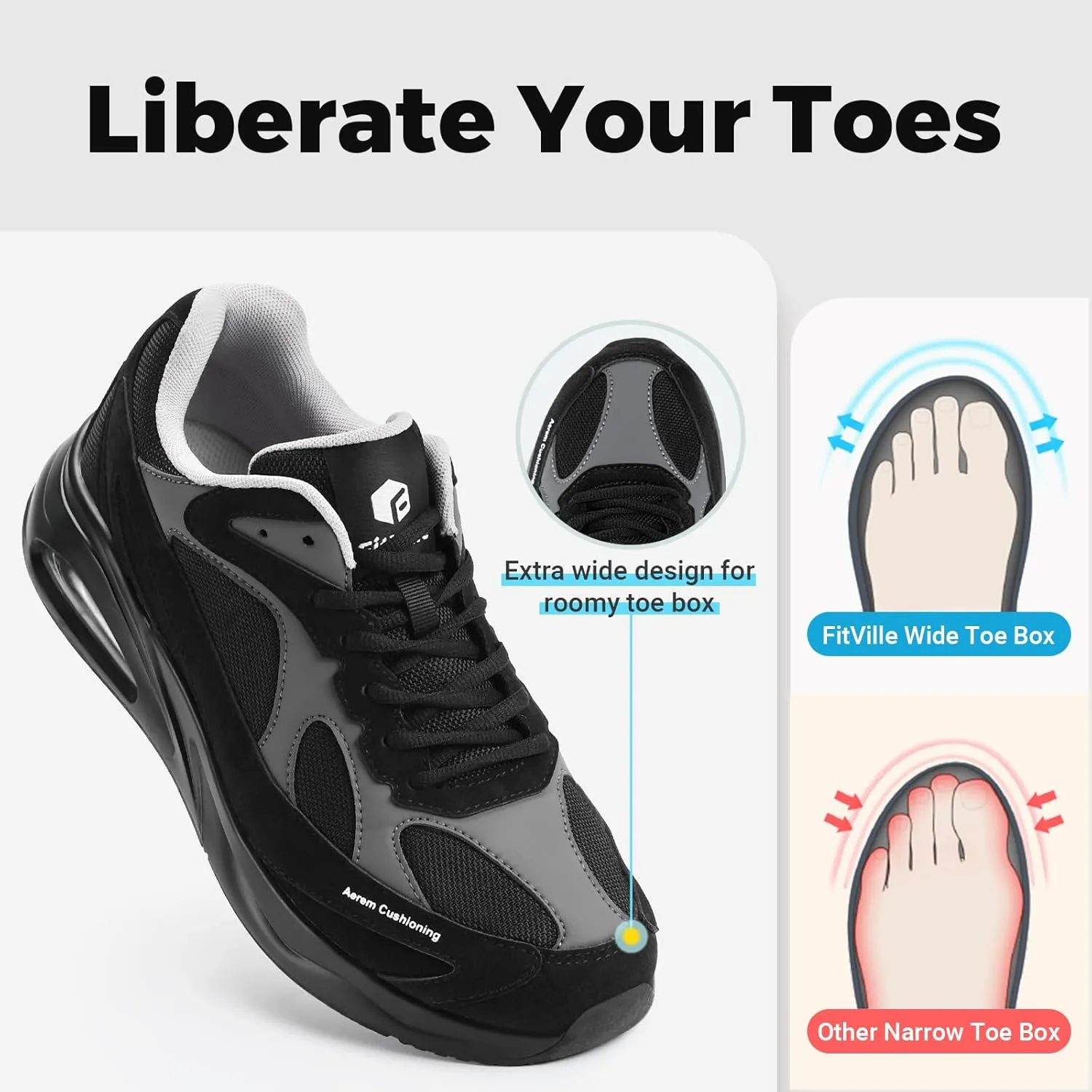 FitVille Extra Wide Walking Shoes for Men Wide Width Air Cushion Sneakers Gym Workout Shoes for Plantar Fasciitis - HeelAero V1