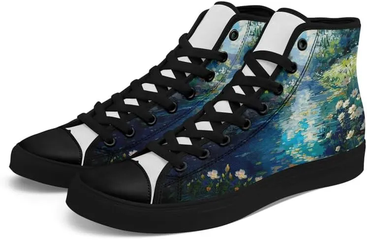 Flower Art High Top Canvas Sneakers Lace Up Classic Casual Walking Shoes Fashion Ladies Girls Flat Running Trainers