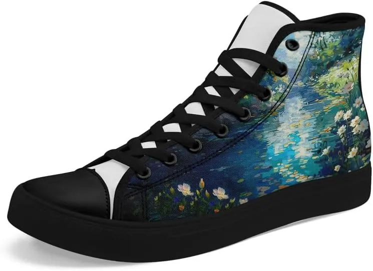 Flower Art High Top Canvas Sneakers Lace Up Classic Casual Walking Shoes Fashion Ladies Girls Flat Running Trainers