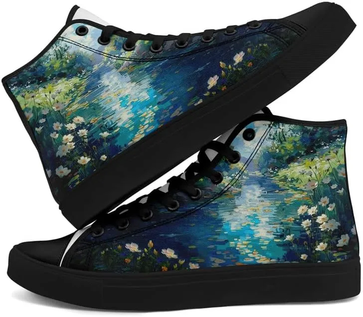 Flower Art High Top Canvas Sneakers Lace Up Classic Casual Walking Shoes Fashion Ladies Girls Flat Running Trainers