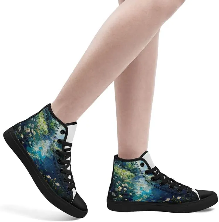 Flower Art High Top Canvas Sneakers Lace Up Classic Casual Walking Shoes Fashion Ladies Girls Flat Running Trainers