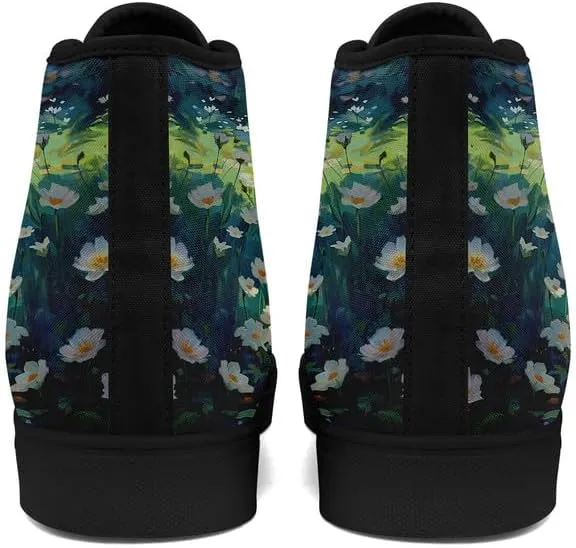 Flower Art High Top Canvas Sneakers Lace Up Classic Casual Walking Shoes Fashion Ladies Girls Flat Running Trainers