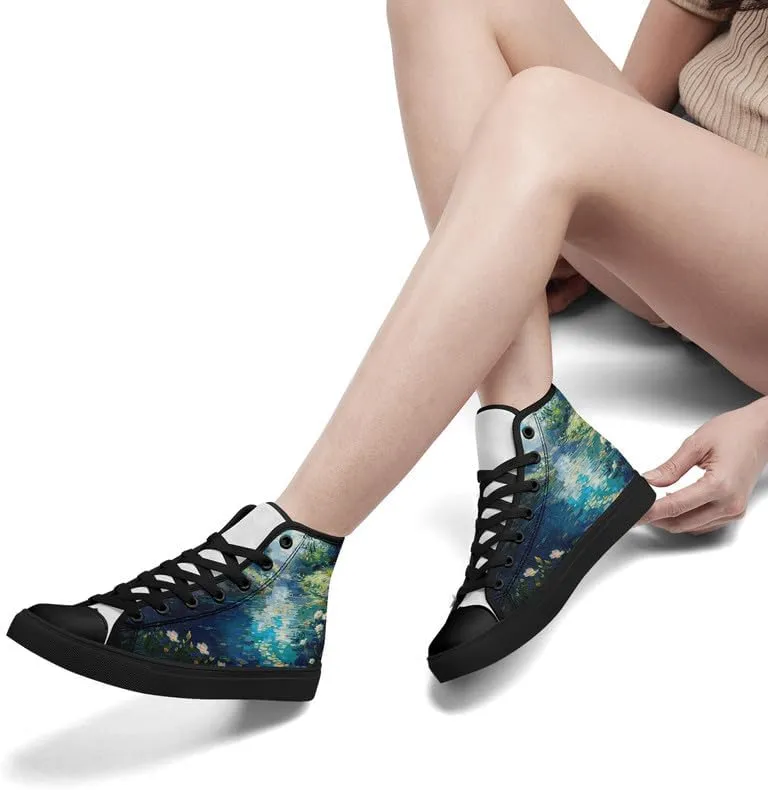 Flower Art High Top Canvas Sneakers Lace Up Classic Casual Walking Shoes Fashion Ladies Girls Flat Running Trainers