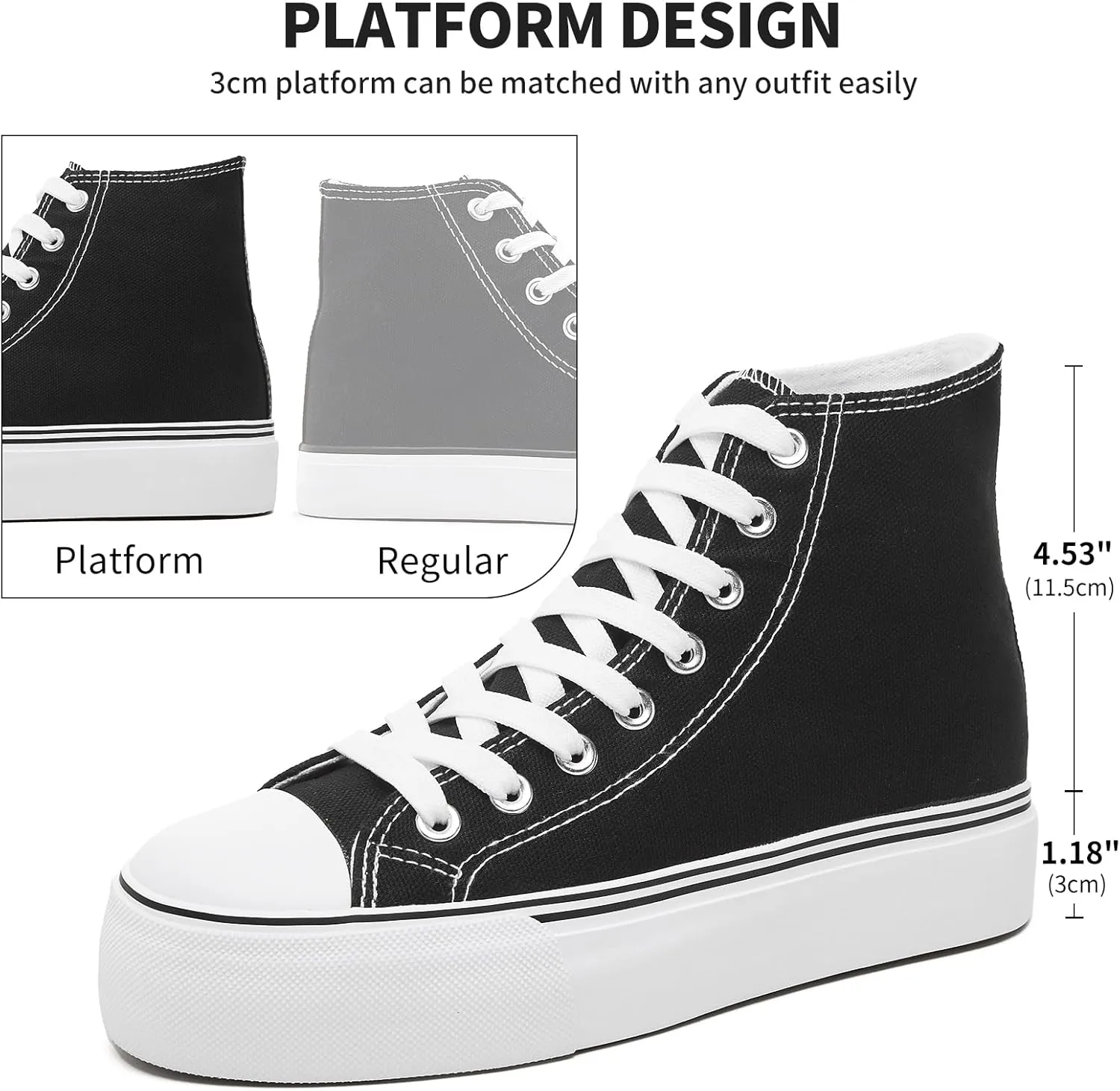 FRACORA Womens High Top Canvas Shoes White Black Platform Sneakers Lace Up Shoes for Women