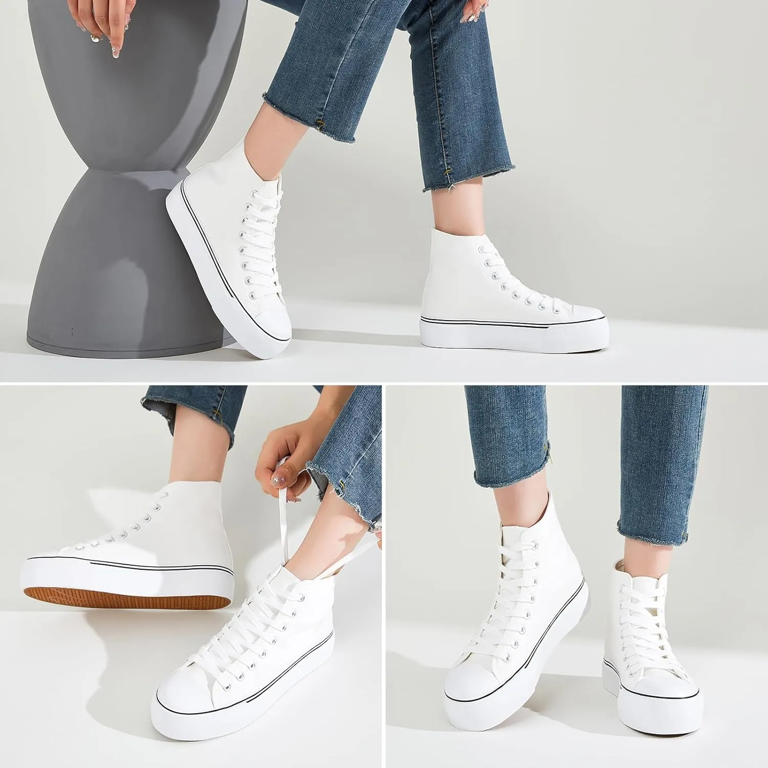 FRACORA Womens High Top Canvas Shoes White Black Platform Sneakers Lace Up Shoes for Women
