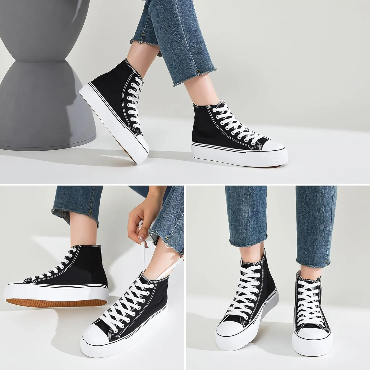 FRACORA Womens High Top Canvas Shoes White Black Platform Sneakers Lace Up Shoes for Women