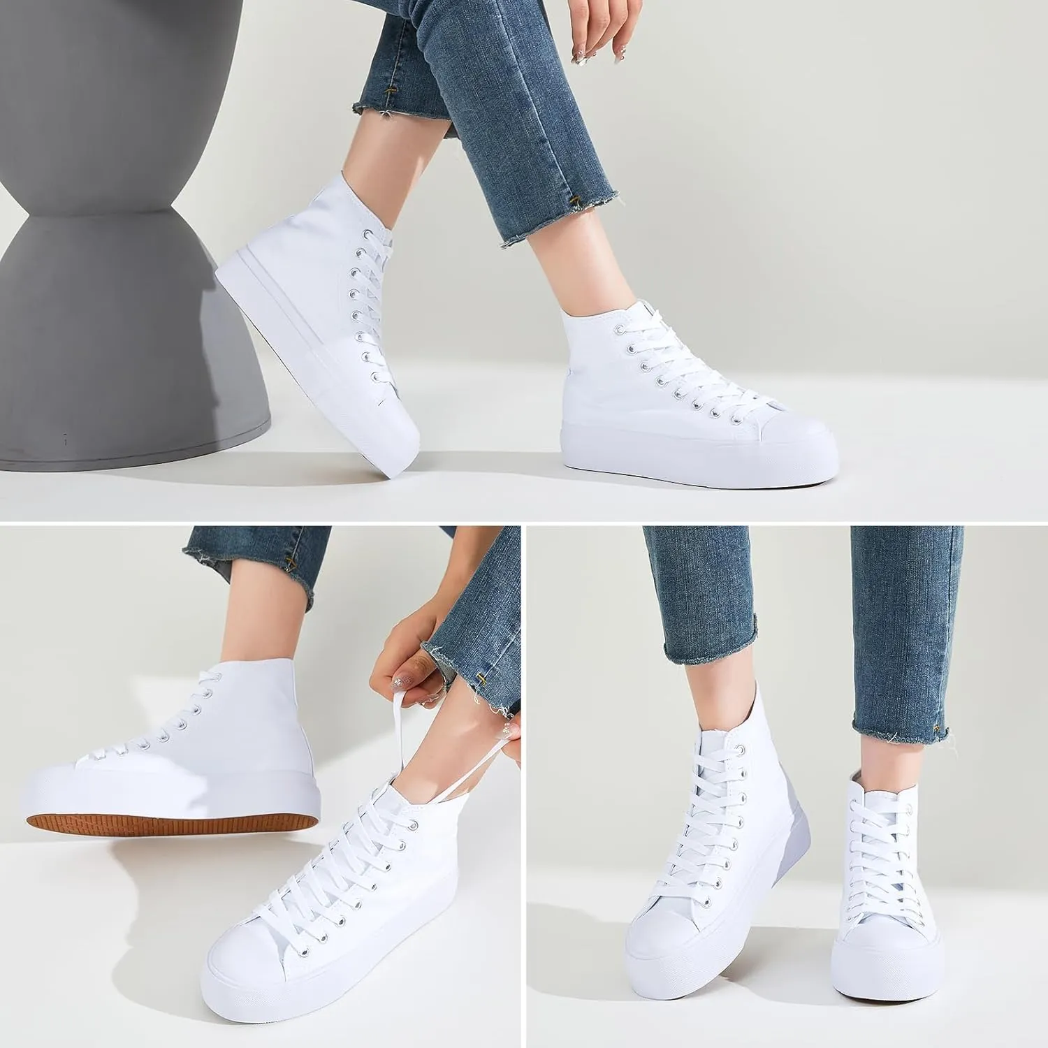 FRACORA Womens High Top Canvas Shoes White Black Platform Sneakers Lace Up Shoes for Women