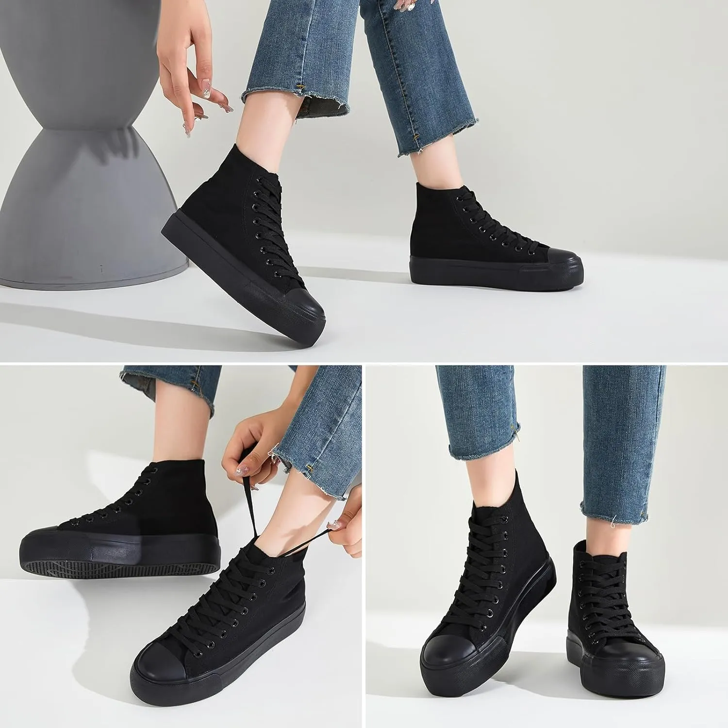 FRACORA Womens High Top Canvas Shoes White Black Platform Sneakers Lace Up Shoes for Women