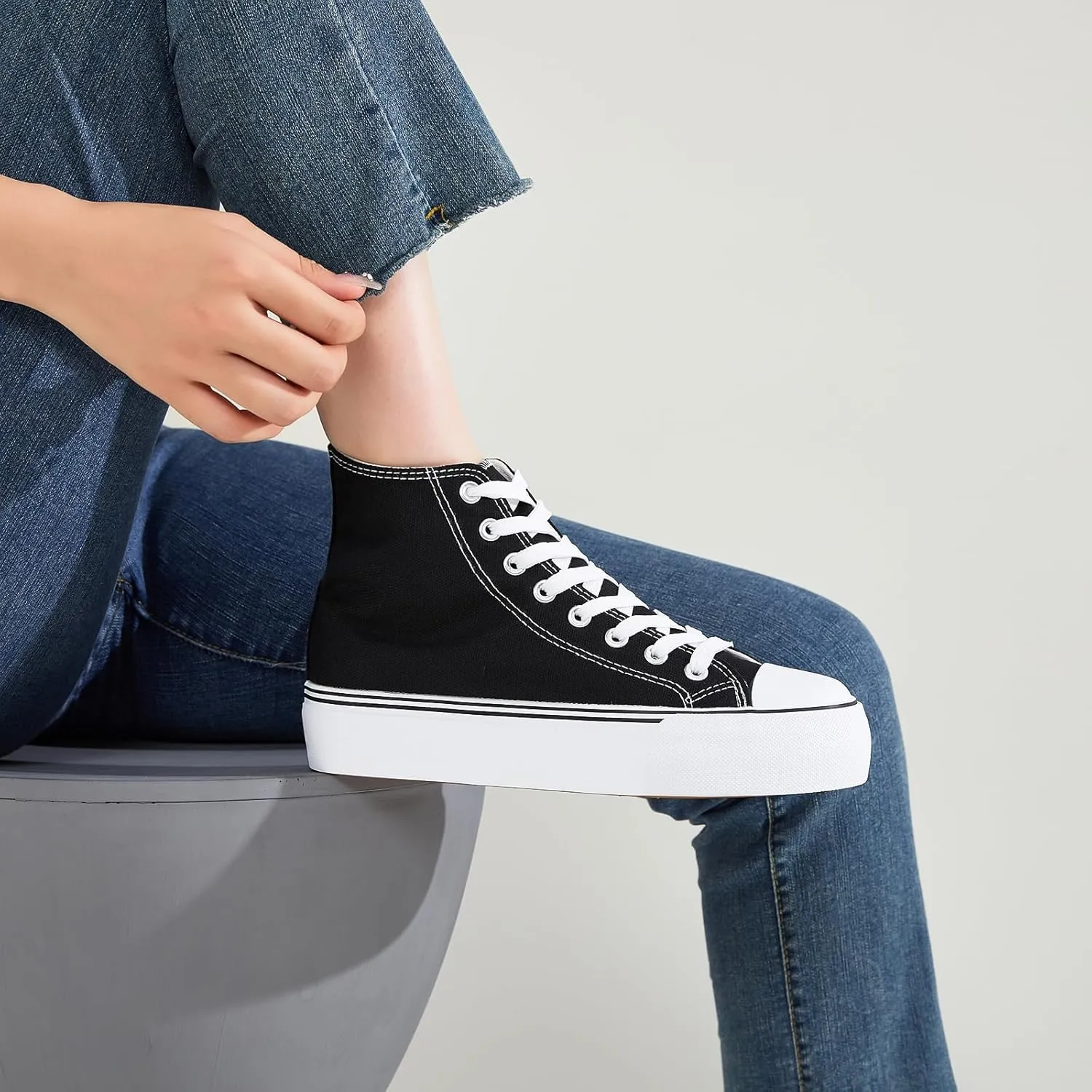 FRACORA Womens High Top Canvas Shoes White Black Platform Sneakers Lace Up Shoes for Women