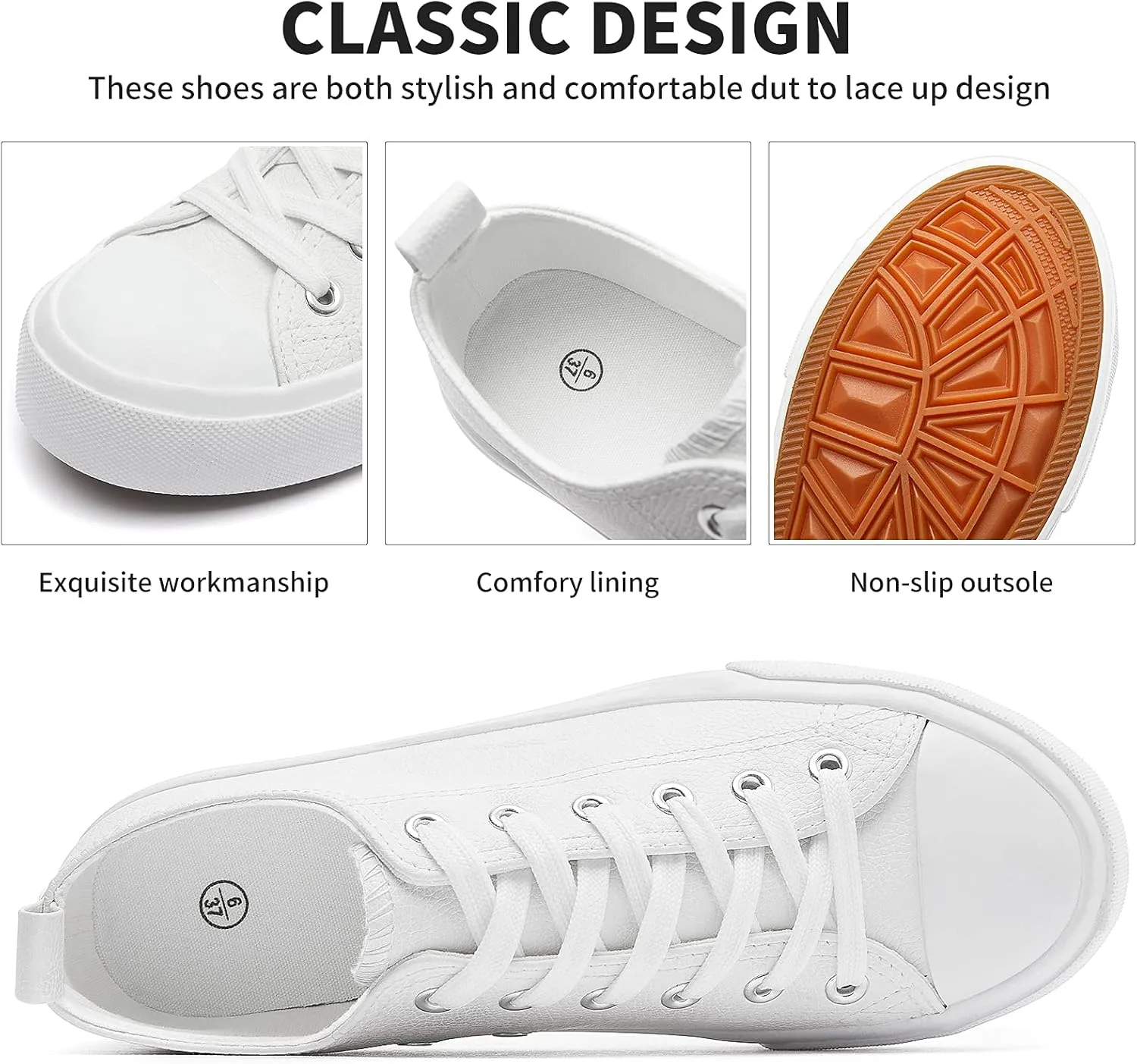 FRACORA Women's PU Leather Tennis Shoes Low Top lace up Casual Shoes Comfortable Fashion Sneaker