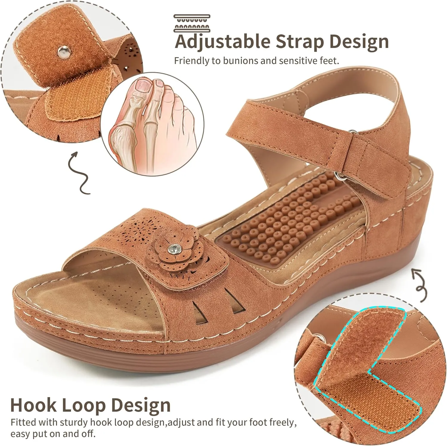FUDYNMALC Sandals for Women Orthopedic Shoes: Comfortable Dressy Womens Wedge Sandal Summer Walking Wedges - Casual Platform Sandals with Adjustable Hook Loop
