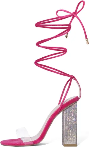 GENSHUO Sexy Strappy Rhinestone Chunky Sandals for Women Lace-up High Heels Transparent Open Toe Party Wedding Homecoming Shoes