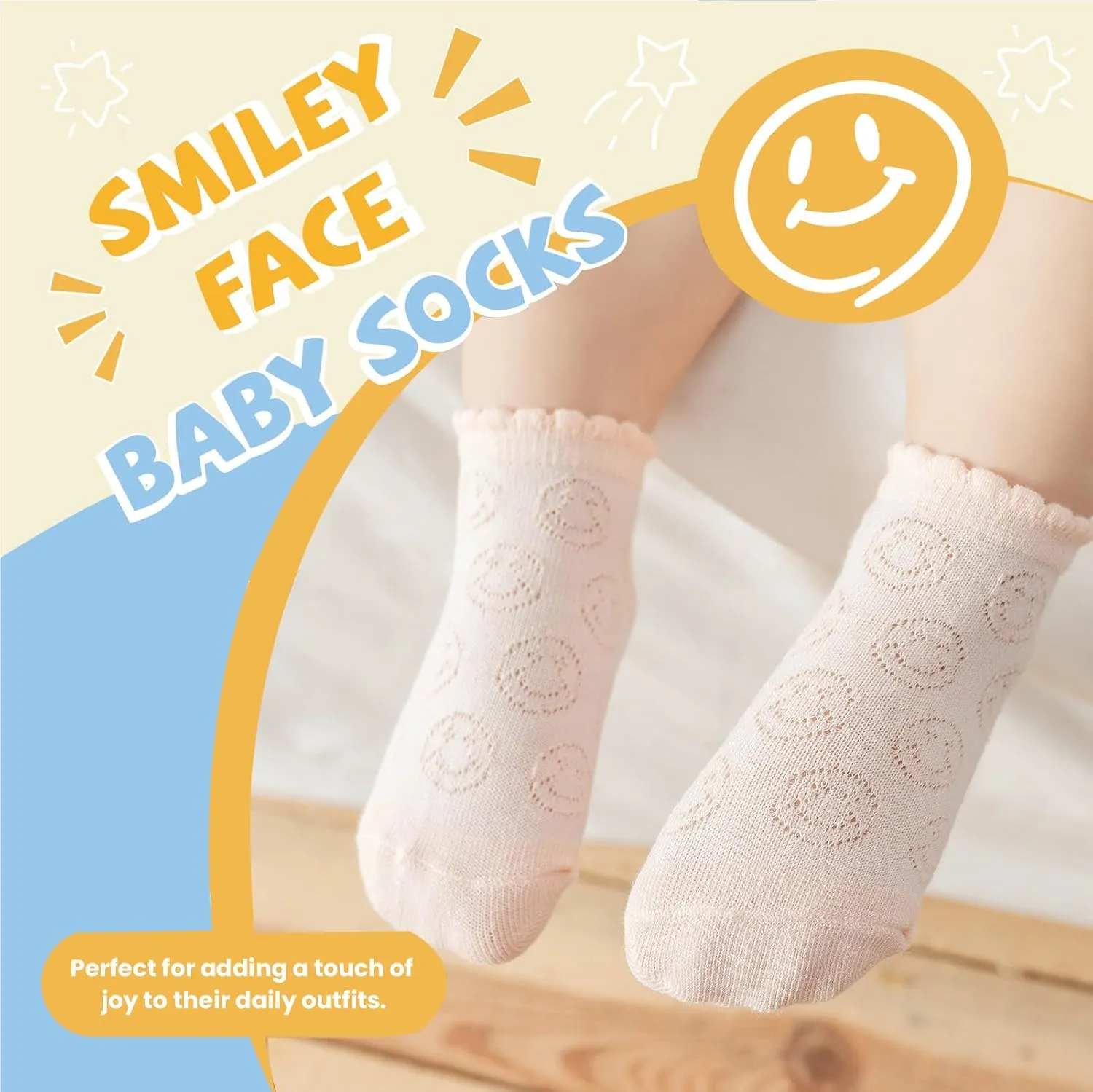Girls Boys Breathable Mesh Low Cut Socks 5-Pack Thin Cotton Summer No Show Socks with Ruffled Cuff Smiley Faces