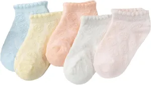 Girls Boys Breathable Mesh Low Cut Socks 5-Pack Thin Cotton Summer No Show Socks with Ruffled Cuff Smiley Faces