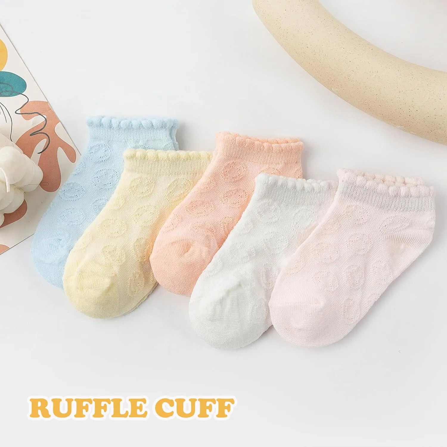 Girls Boys Breathable Mesh Low Cut Socks 5-Pack Thin Cotton Summer No Show Socks with Ruffled Cuff Smiley Faces