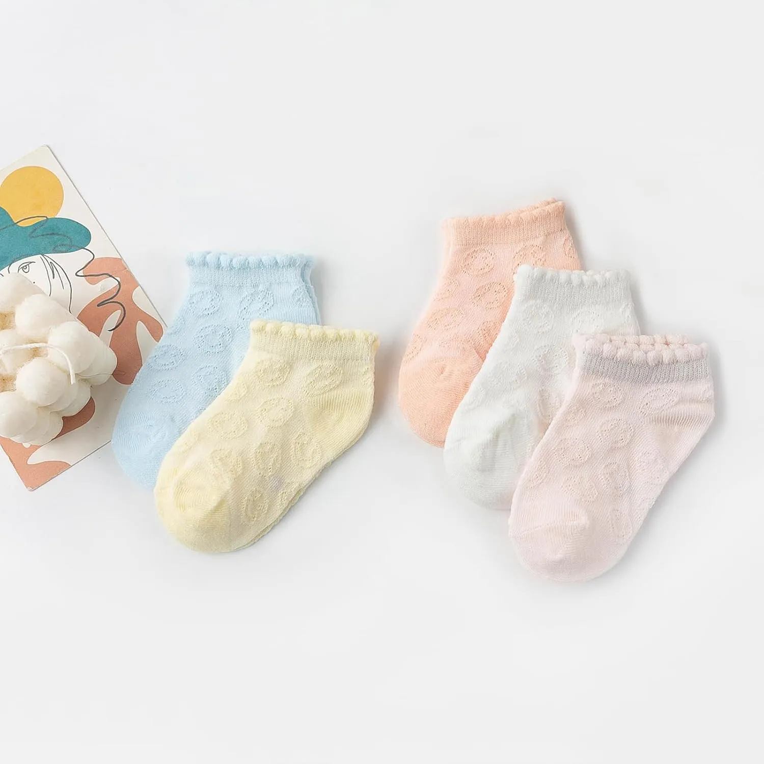 Girls Boys Breathable Mesh Low Cut Socks 5-Pack Thin Cotton Summer No Show Socks with Ruffled Cuff Smiley Faces