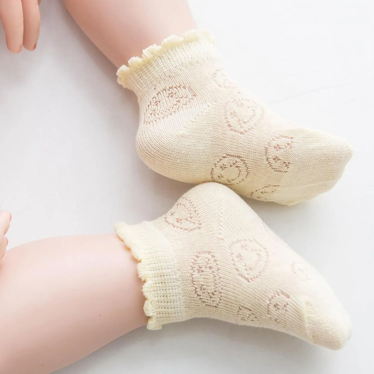 Girls Boys Breathable Mesh Low Cut Socks 5-Pack Thin Cotton Summer No Show Socks with Ruffled Cuff Smiley Faces