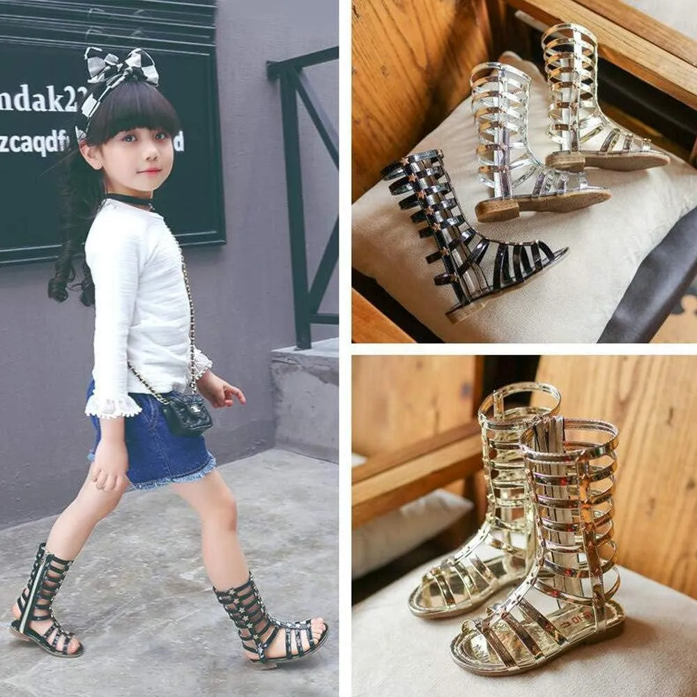 Girls Knee High Top Rivet Gladiator Sandals Fashion Summer Dress Flats Girls Zipper Boots Shoes