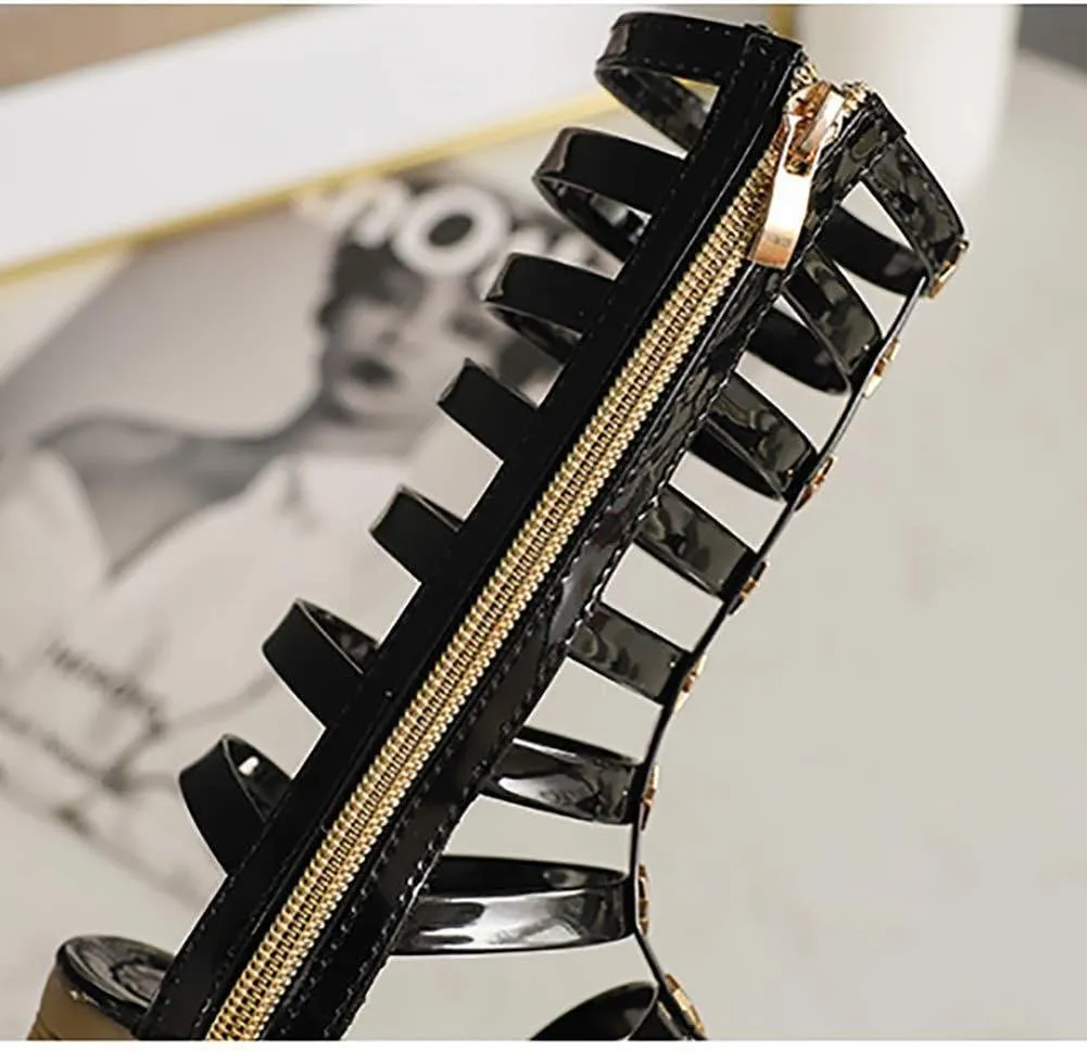 Girls Knee High Top Rivet Gladiator Sandals Fashion Summer Dress Flats Girls Zipper Boots Shoes